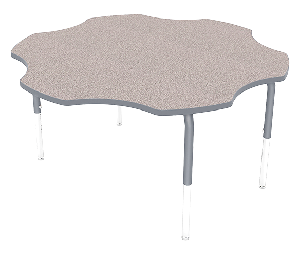 A small table with a beige, irregularly shaped top and four metal legs with black and white coloring.