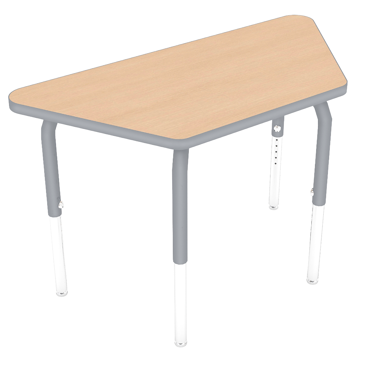 A four-legged school desk with a light wood top and gray metal frame.