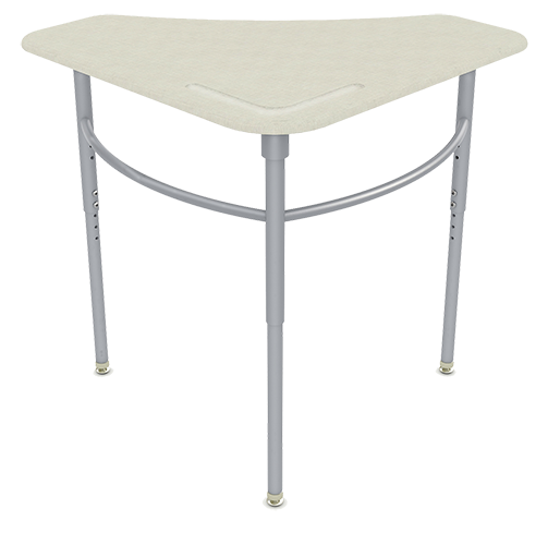 Underneath view of a table with metal legs and curved support beams.