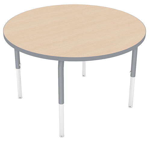 Round wooden table with metal legs.