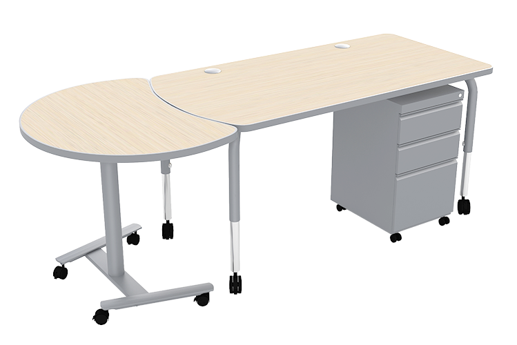 Office desk with a curved extension, light wood surface, gray drawers on wheels, and adjustable legs.