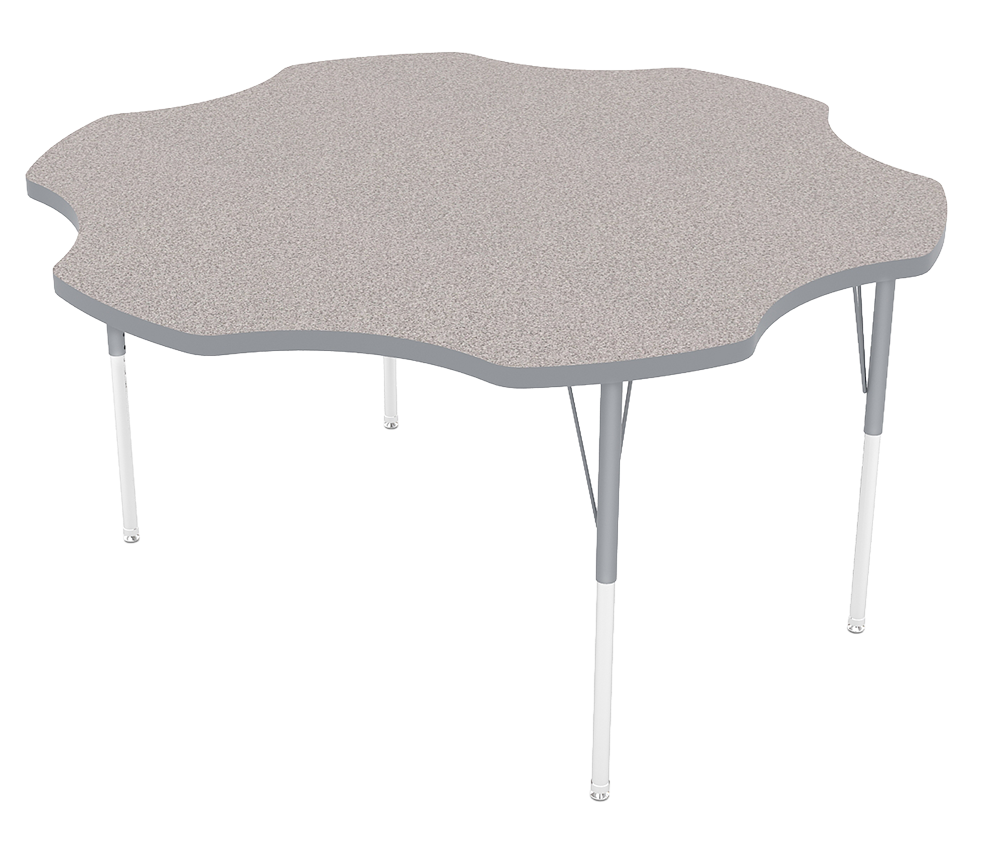 A beige, kidney-shaped table with metal legs, some capped with white protective covers.