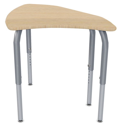 A wooden table with metal legs set against a plain background.
