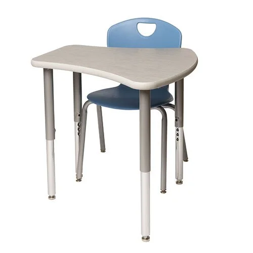 A small desk and chair, with a curved beige tabletop and a blue cushioned backrest, set against a plain white background.