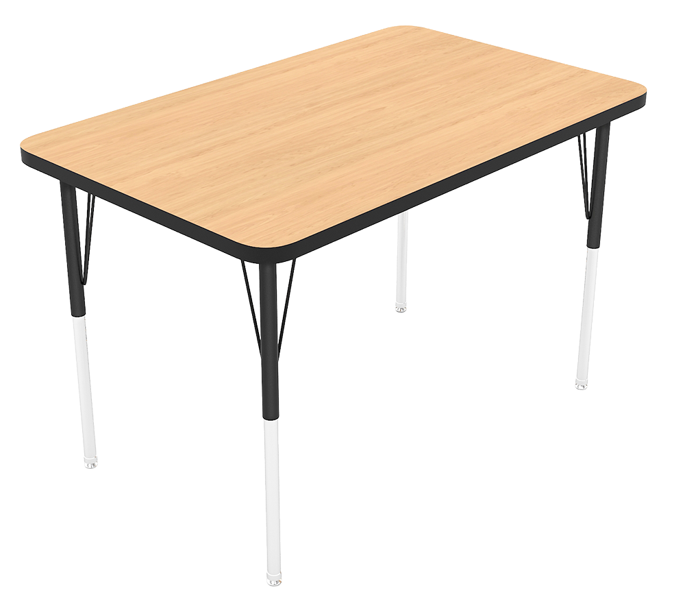 A rectangular table with a light wooden top and black and white metal legs.