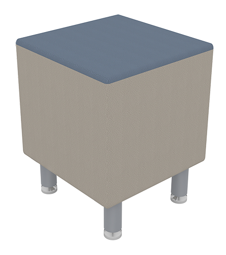 A beige cubic object with a dark top surface, supported by four metal legs.