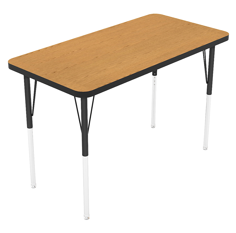 A rectangular table with a wood grain top, black and white metal legs, and disc feet.
