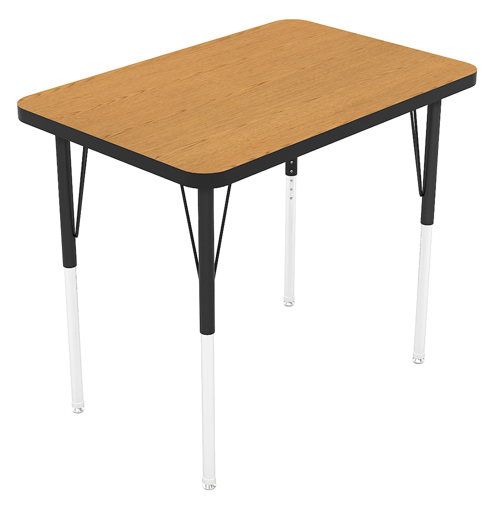 A small rectangular table with a wooden top, black edges, and four white metal legs with black accents near the top.