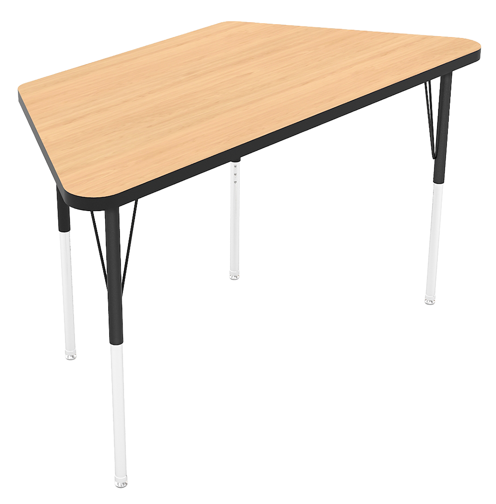 A rectangular table with a light wood surface, black and white metal legs, and a black support structure.