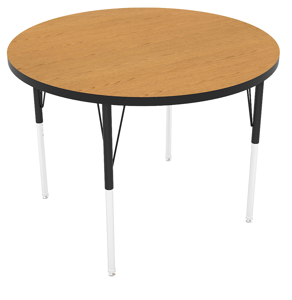 Round wooden table with black metal legs.