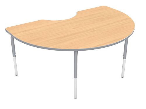 A wooden office desk with metal legs and an L-shape design.