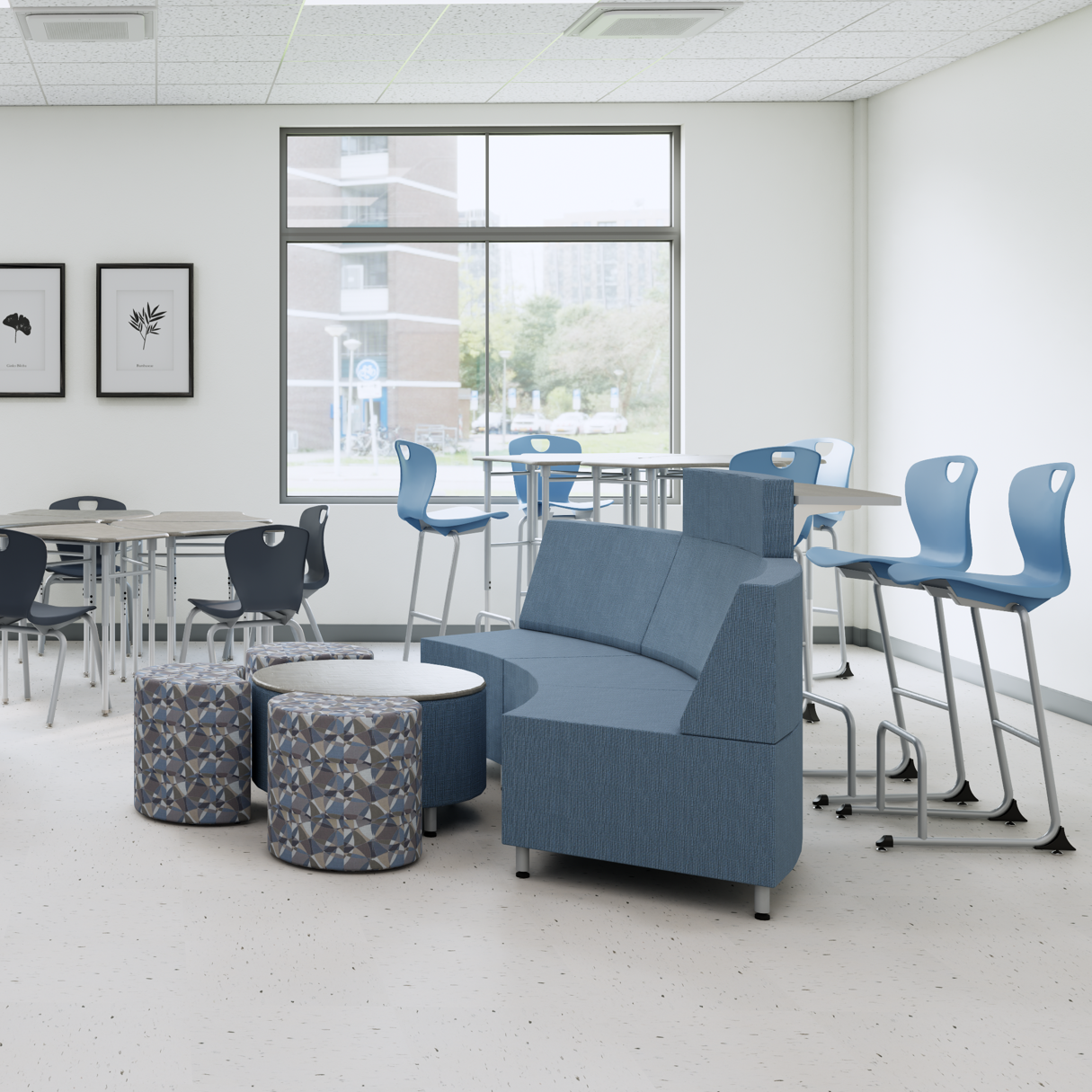 Modern lounge area with blue and black chairs, round tables, and a blue couch, in a room with large window and white walls.
