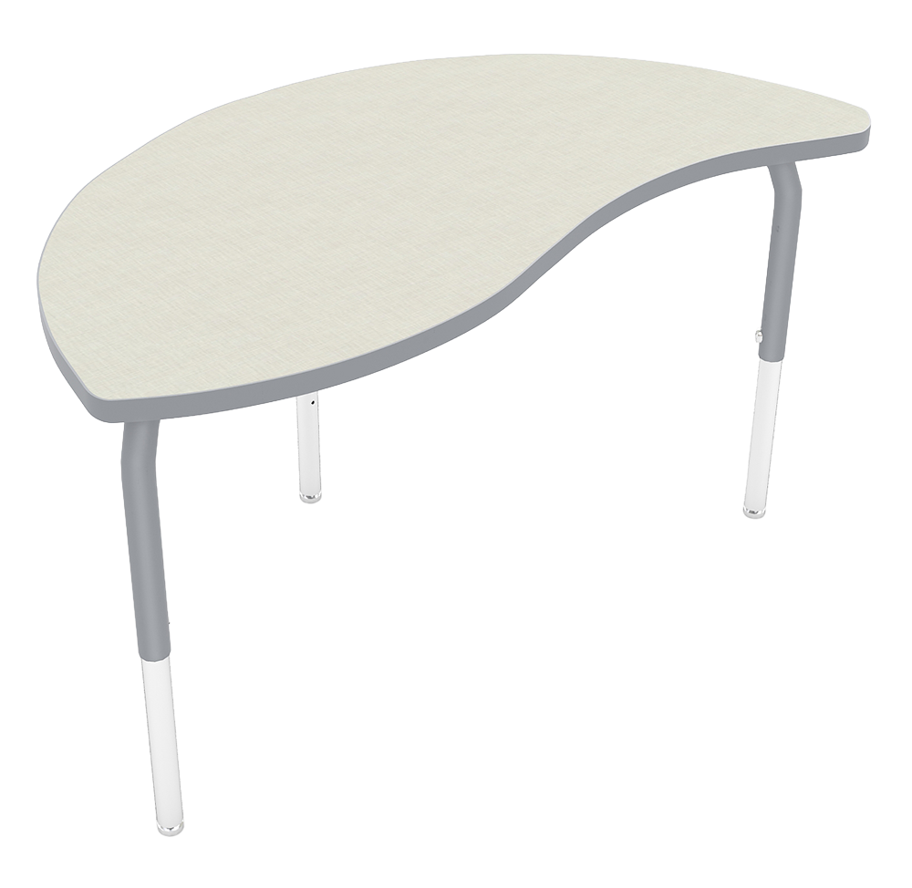 A computer-generated image of a modern, oval-shaped desk with a light-colored surface and gray trim, supported by four white legs.