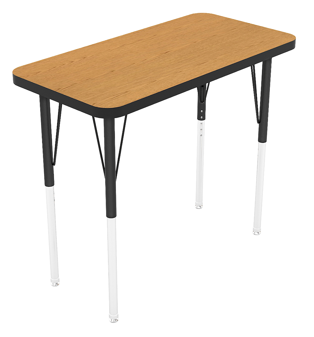 A small wooden table with black and white metal legs.