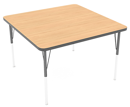 A square wooden table with metal legs
