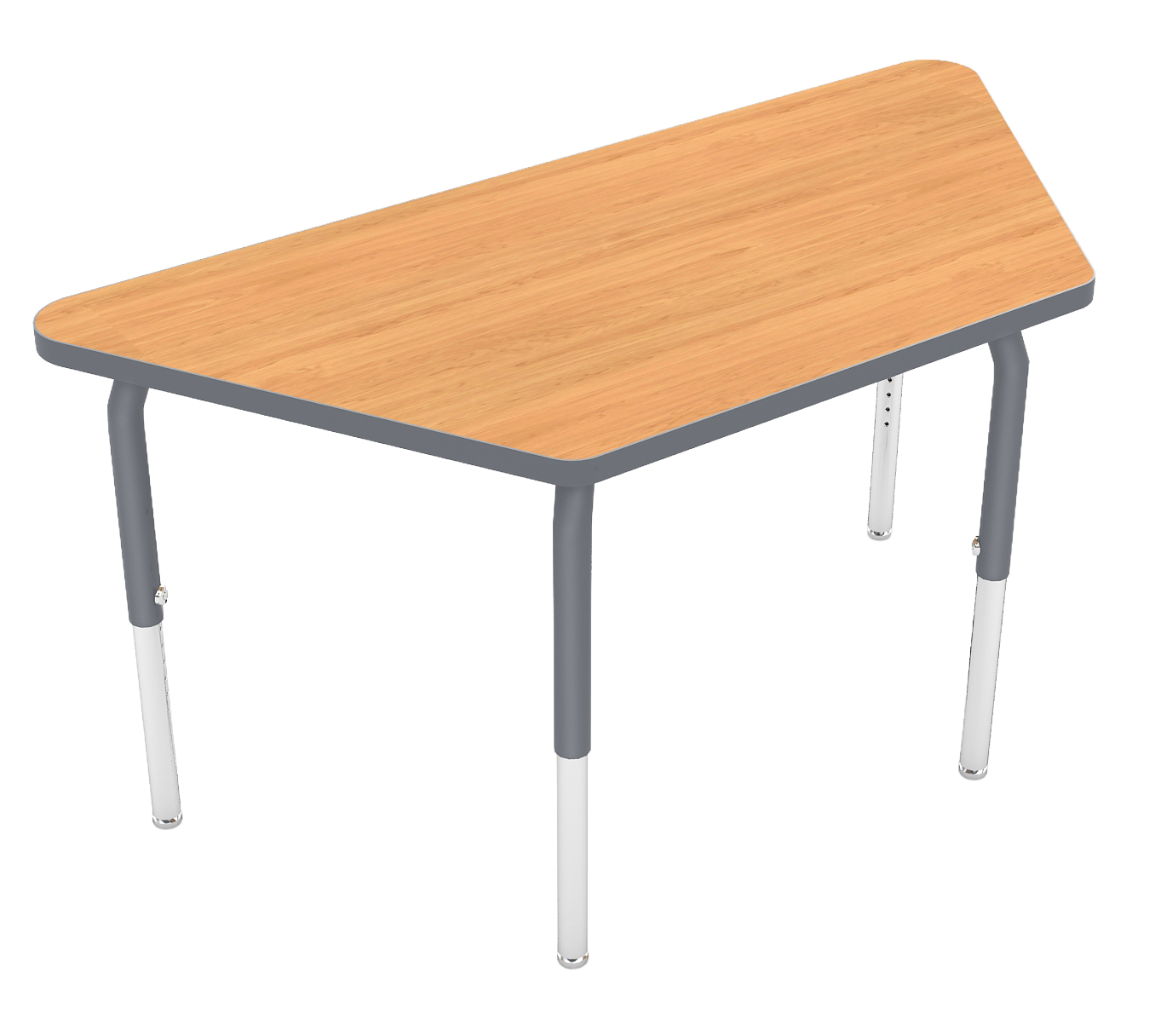 A rectangular table with a light wood top and gray metal legs.