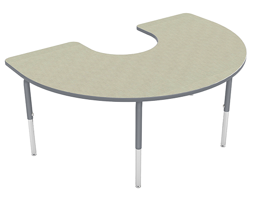 A beige, semi-circular reception desk with gray legs.