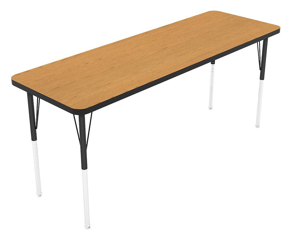Rectangular wooden table with black metal legs and a gray support panel underneath.