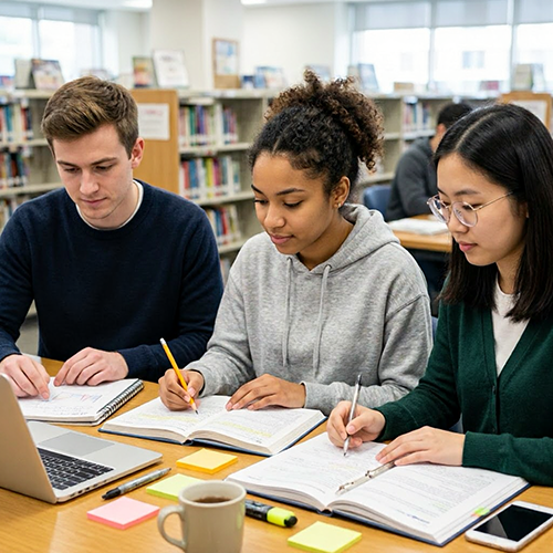 Three students sitting at a table in a library, studying with notebooks, a laptop, and writing utensils.