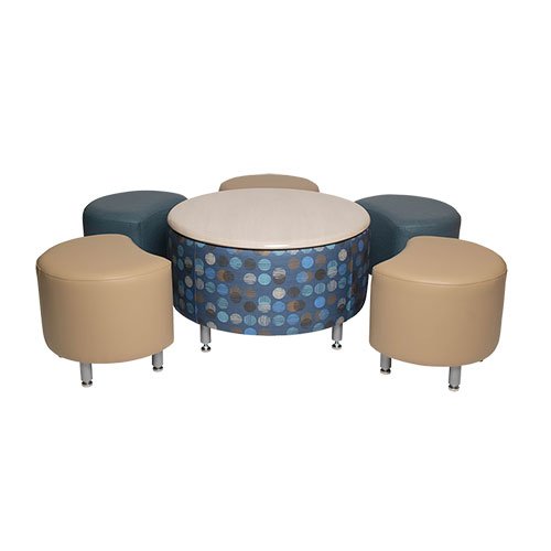 Round modular seating with beige, navy blue, and patterned cushions arranged in a semi-circle.