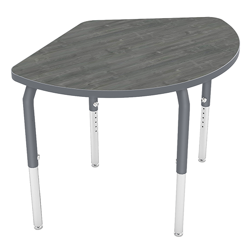 A small, gray, half-circle table with a woodgrain top and metal legs.