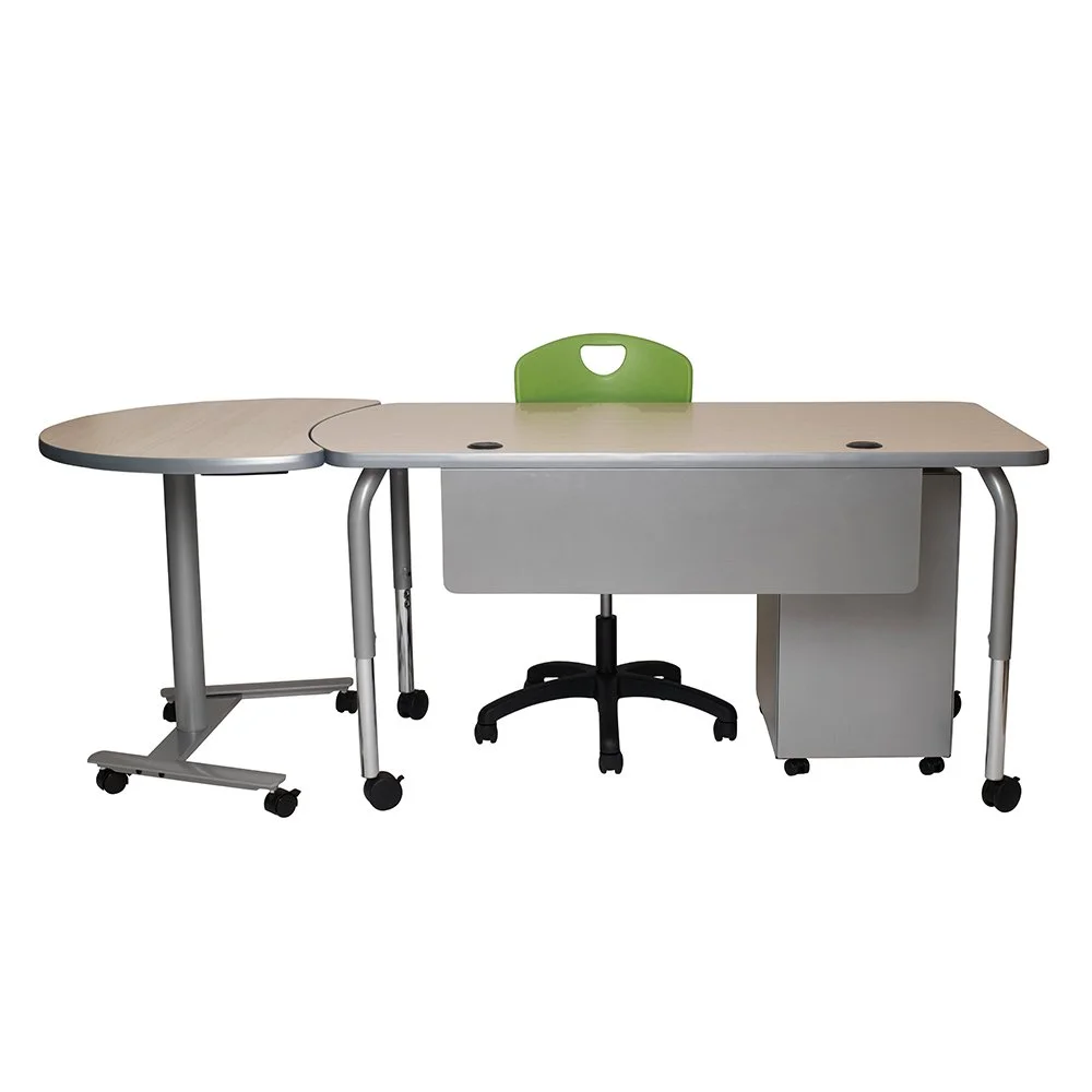 A beige office desk with a green chair and a smaller attached table on the left, all on casters, with a white background.