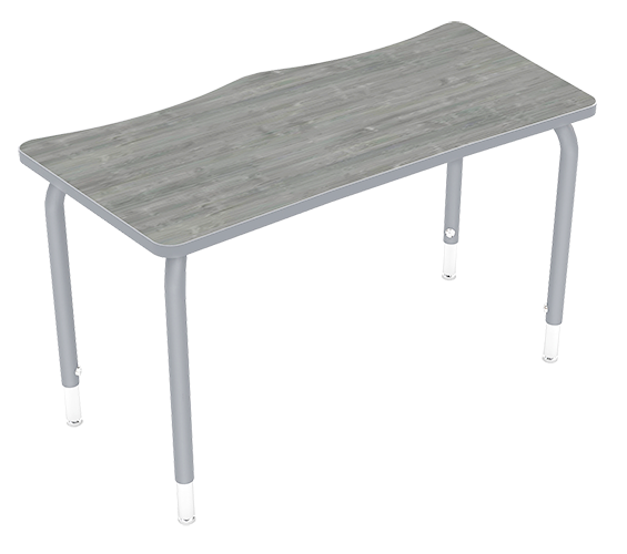 Desk with a wavy gray wooden surface and four metal legs.