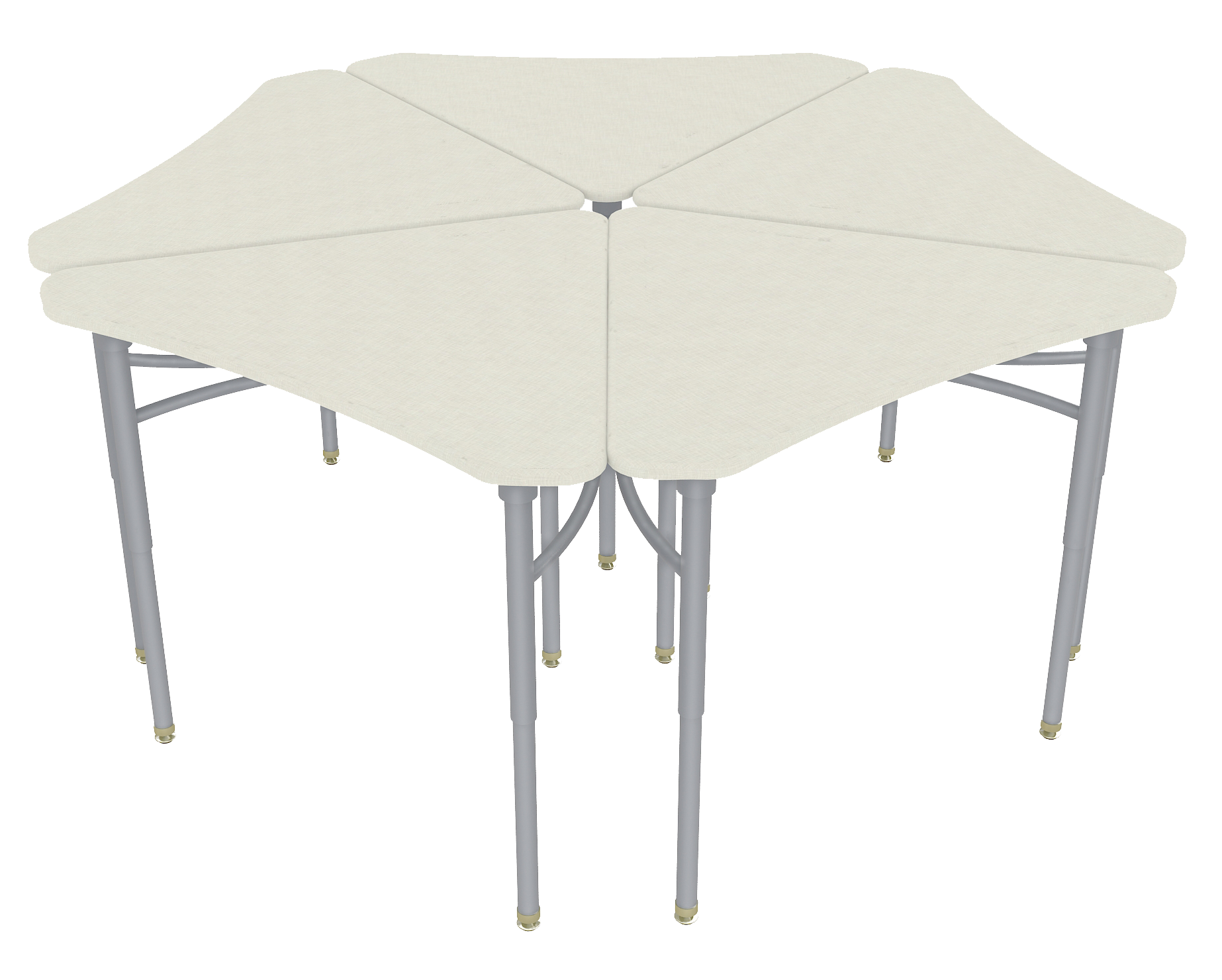 A white, square-shaped table with rounded corners and four metal legs. The table surface is smooth and appears to be made of fabric or a similar material.