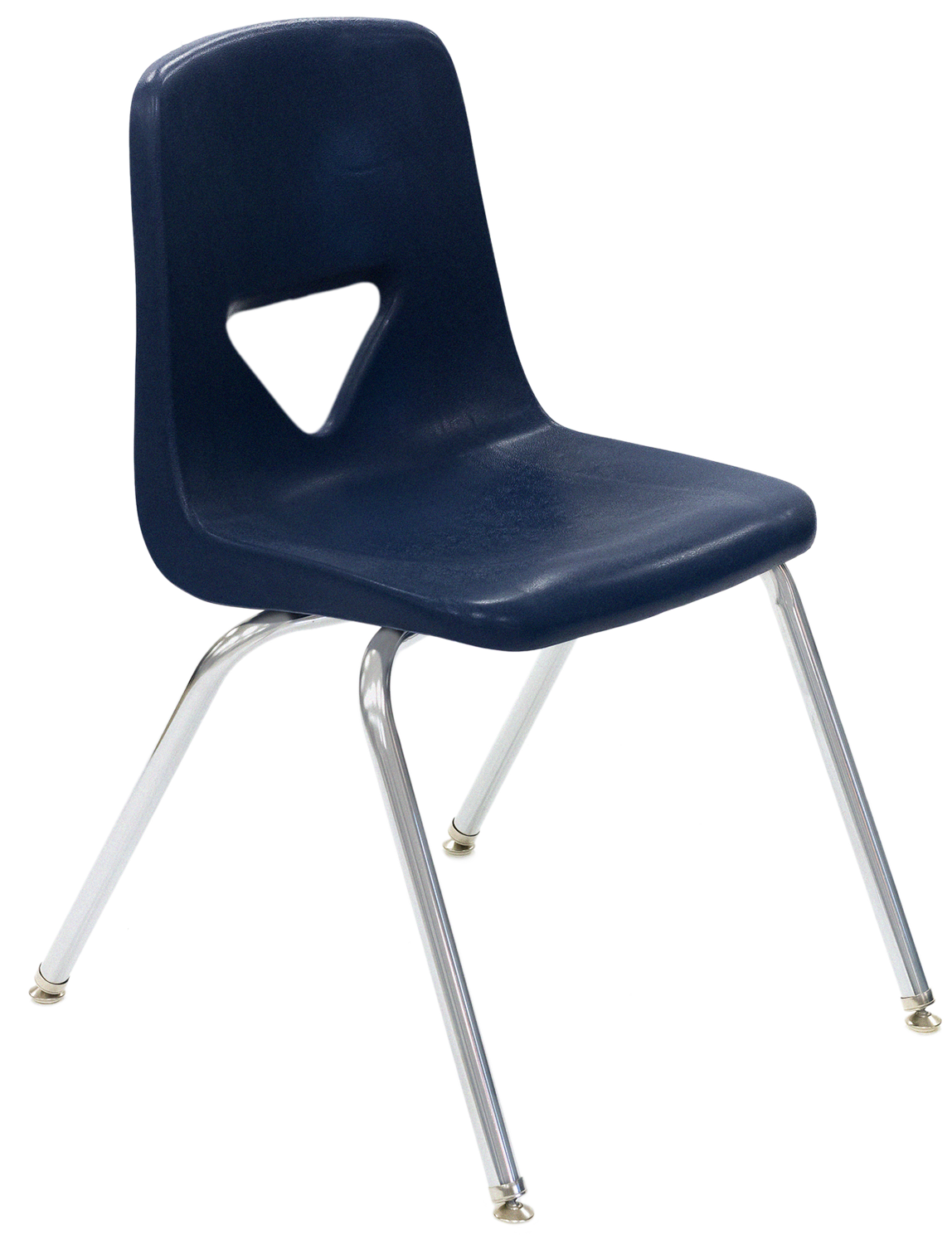 A school chair with a dark blue plastic seat and backrest, featuring a triangular cutout in the middle. The chair has four silver metal legs.