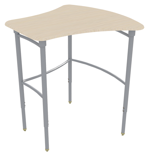 Desk with a light wood top and metal legs, with a lower shelf and a side panel.