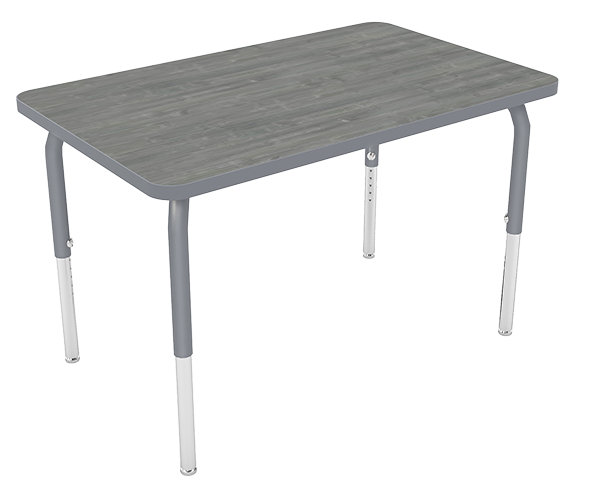 A gray wooden table with metal legs.