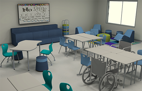 Classroom with blue sofa, tables, and chairs, wheelchairs, and a whiteboard with cartoon writing and a sign that reads "No Smile".