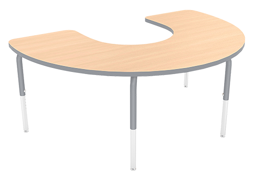 A semi-circle shaped office or classroom desk with a light wood surface and gray metal legs.