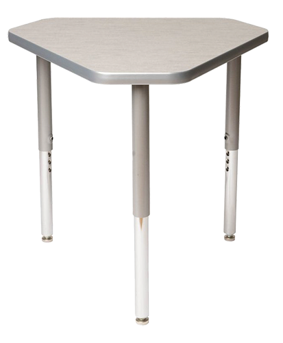 A small table with a light-colored rectangular top and metal legs.