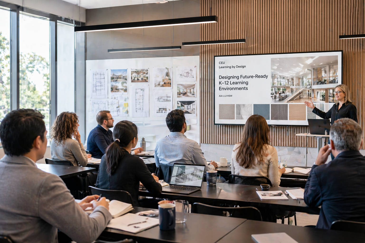 A group of professionals attending a presentation in a modern conference room. A woman is presenting slides on designing future-ready K-12 learning environments on a large screen. The room has wooden paneling and large windows letting in natural light, with other architectural designs displayed on the wall.