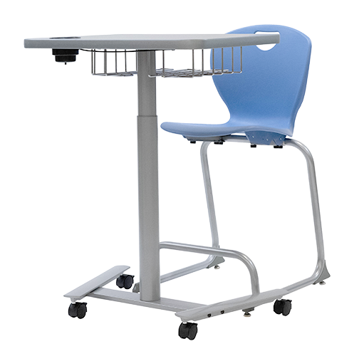 Student desk with attached chair, storage basket, and wheels for mobility.