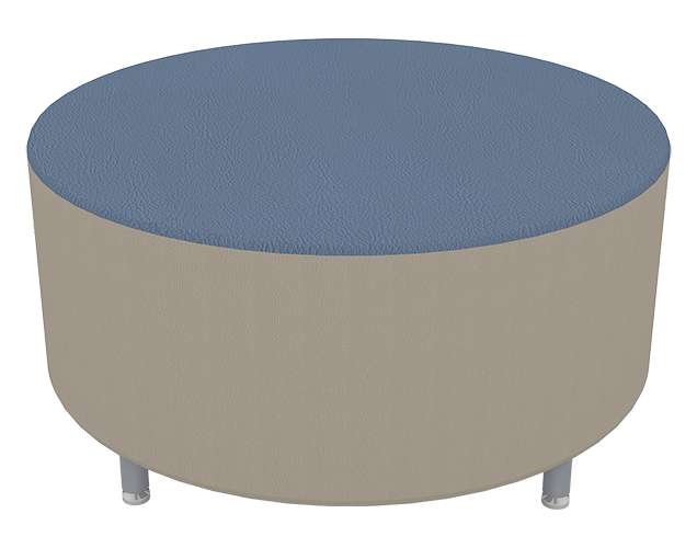 A round, beige-colored ottoman with a blue cushioned top and four small metallic legs.