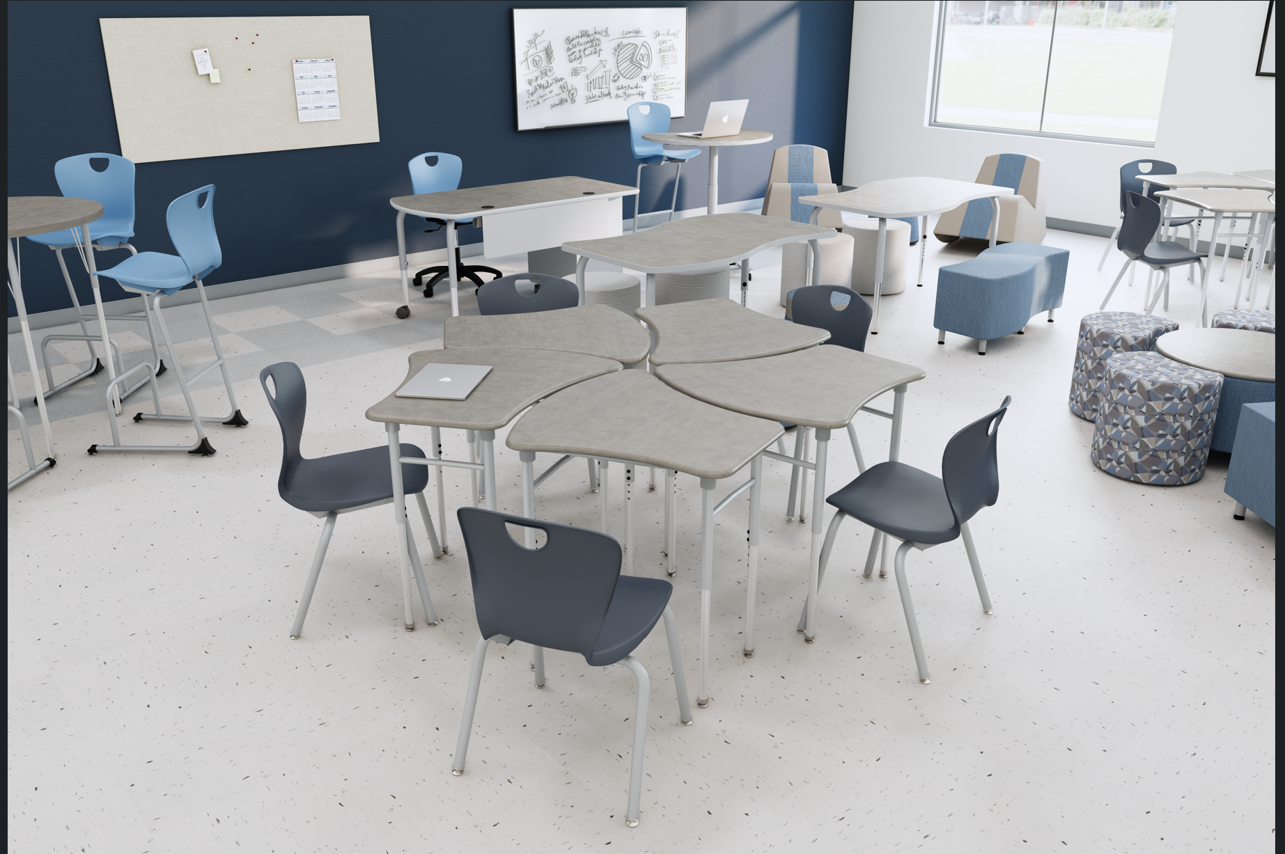 A modern classroom or study room with multiple tables and chairs, a whiteboard, and a window letting in natural light. There are laptops on some tables and a hallway or outdoor scene visible through the window.