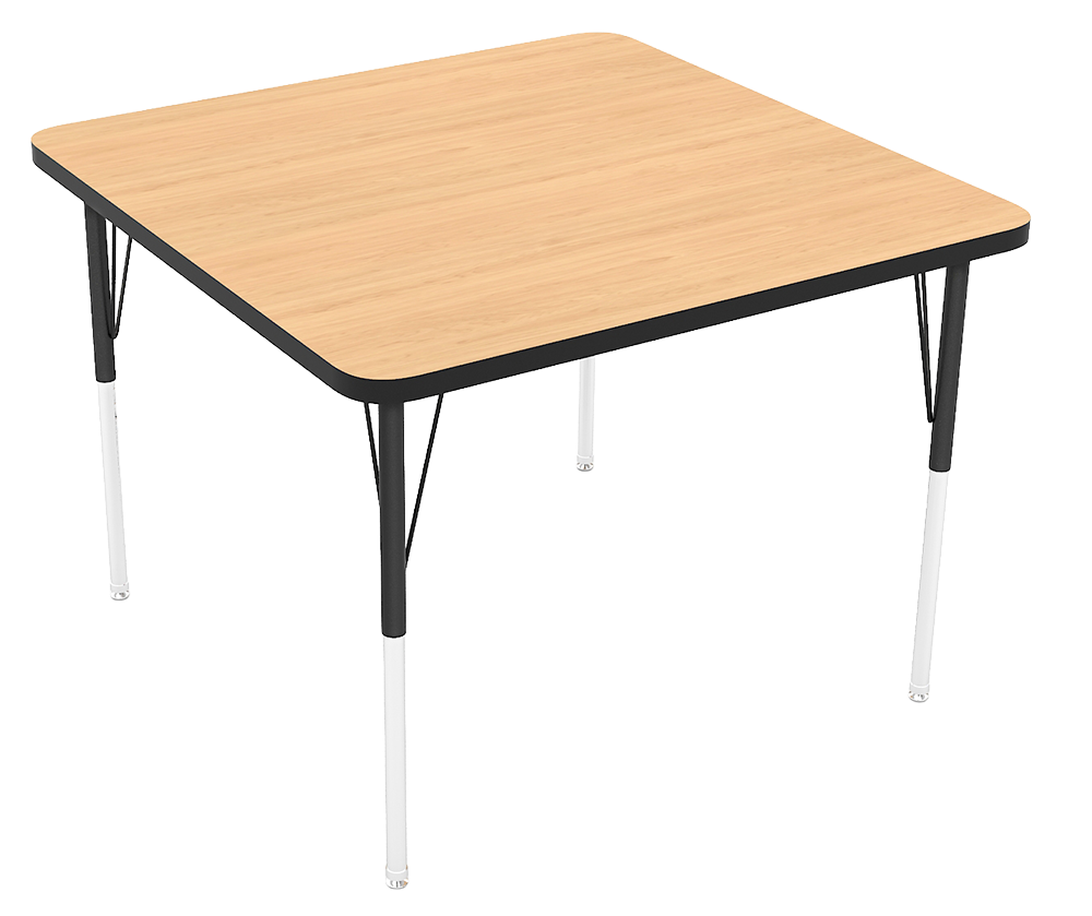 A square wooden table with black legs and white accents.