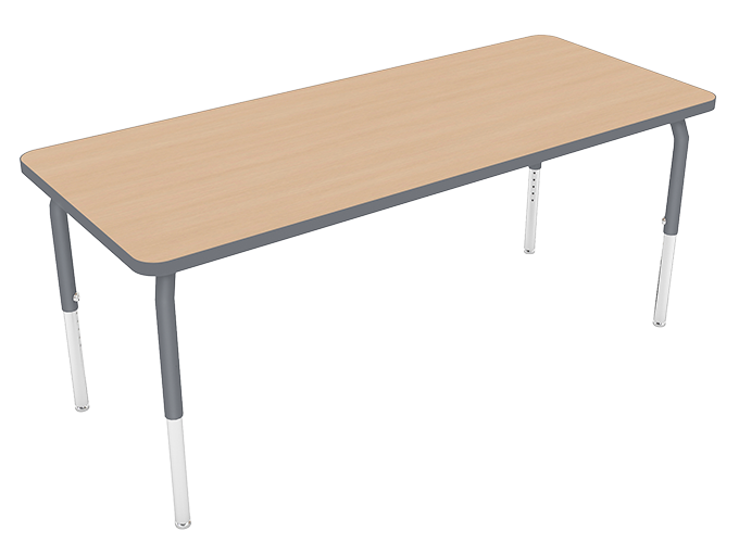 A rectangular desk with a light wood surface and gray and white legs.