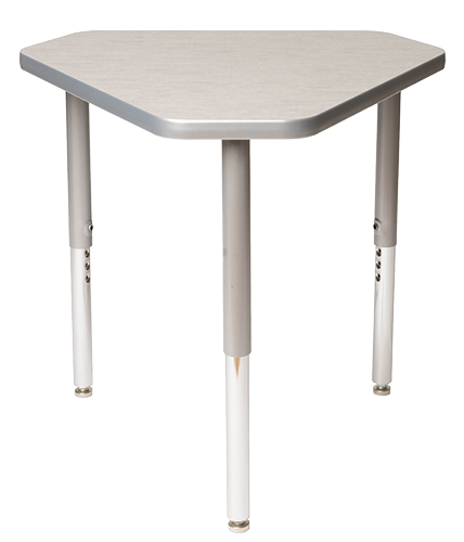 A small, square, light-colored table with rounded edges and metal legs.