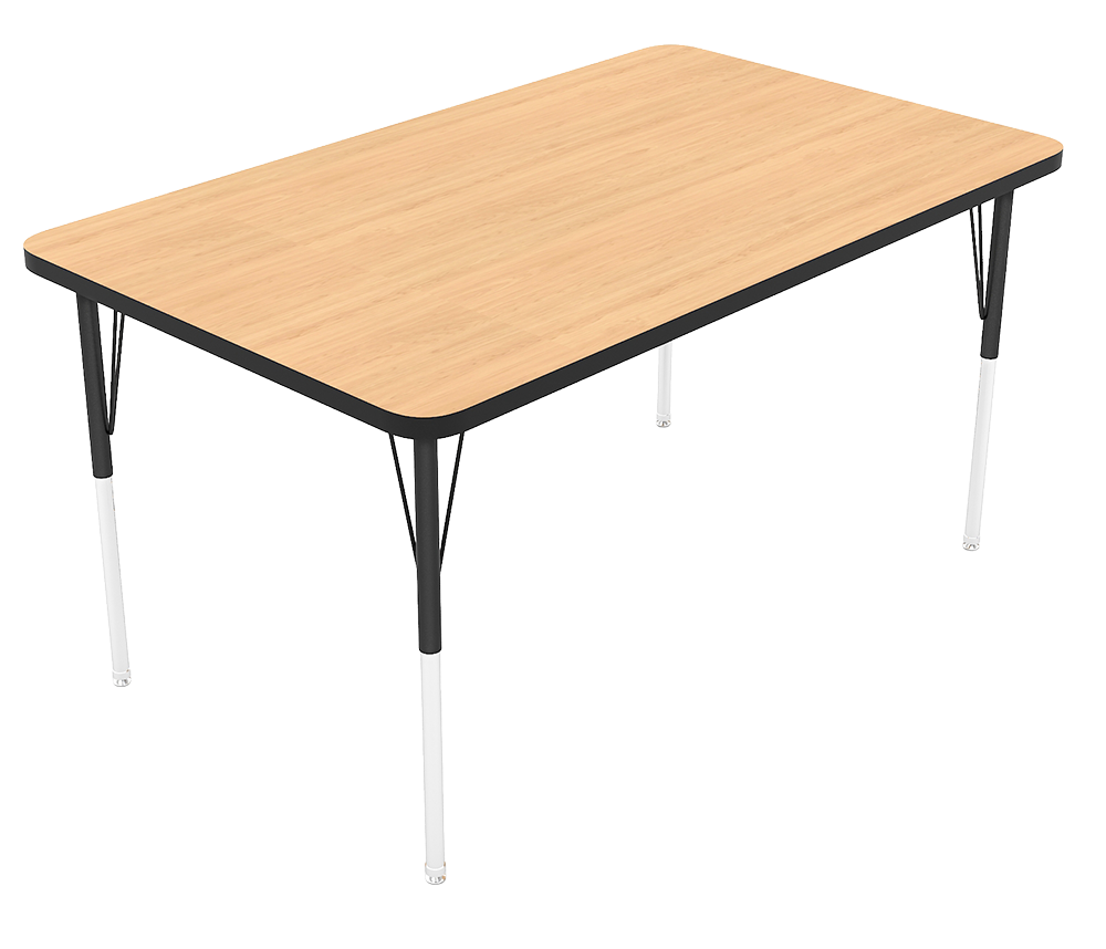 A rectangular table with a wooden top, black and white metal legs, and support wires underneath.