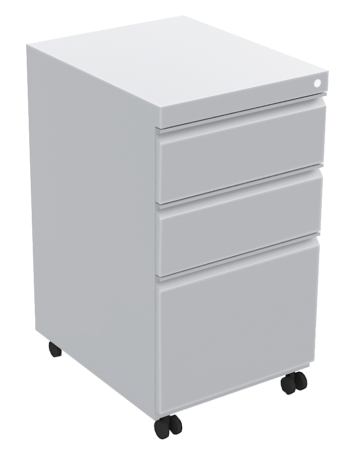 A white metal filing cabinet with four drawers on caster wheels