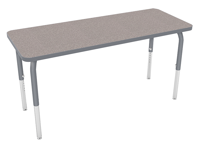 A rectangular table with a beige-speckled top and gray metal legs.