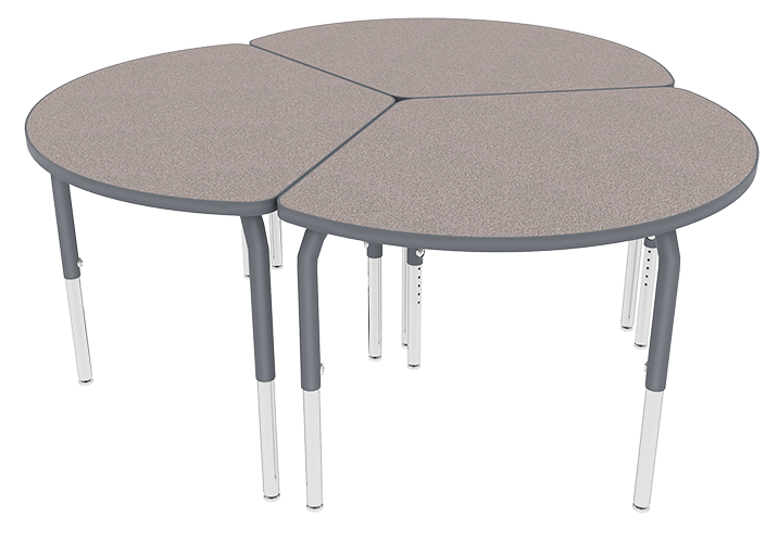 Round modular gray fabric office tables connected together with gray metal legs.