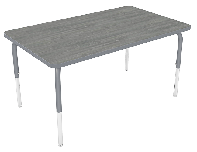 A rectangular table with a light gray wood top and gray and white metal legs.