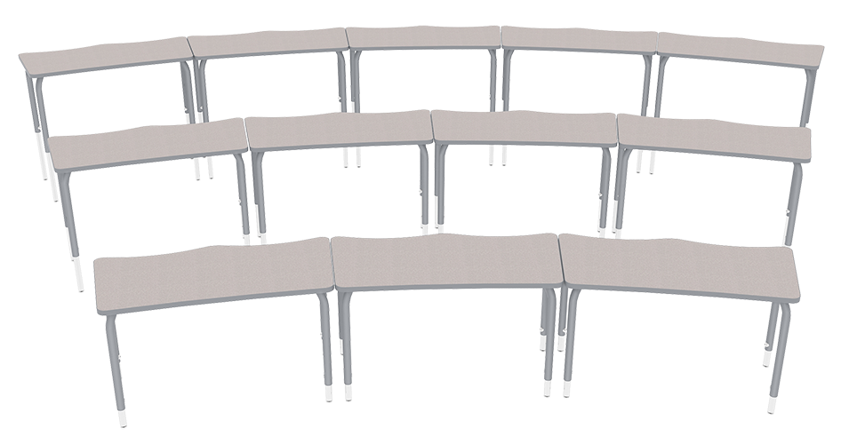 Three rows of empty gray classroom desks with attached chairs viewed from the front.