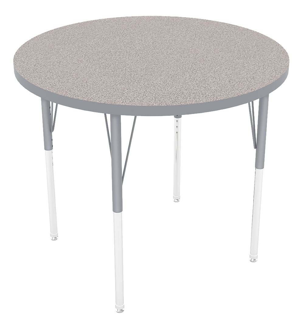 Round table with a speckled beige top and metal legs.