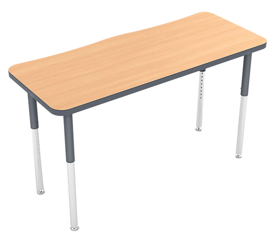 A wooden table with gray metal legs on a gray floor.