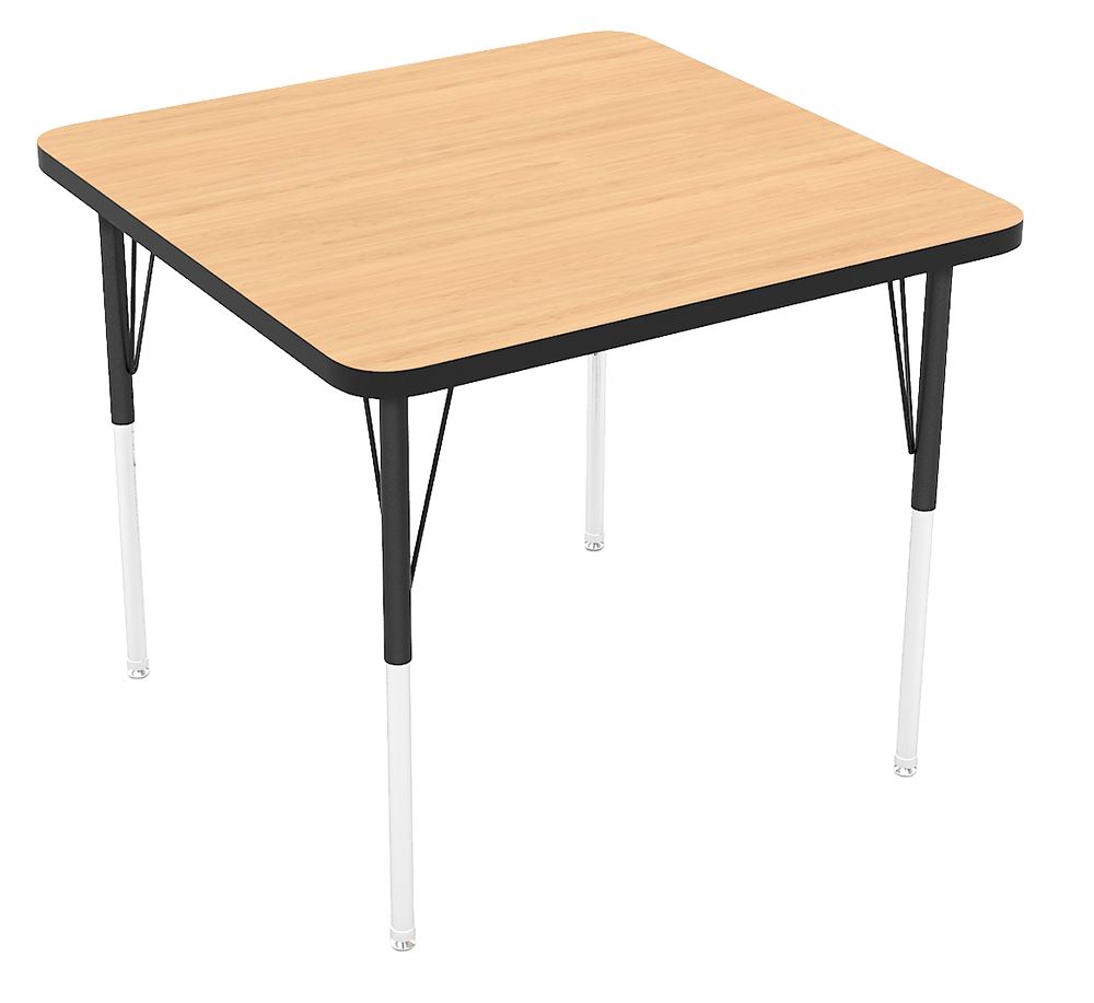 A small square table with a light wood top and black and white metal legs.